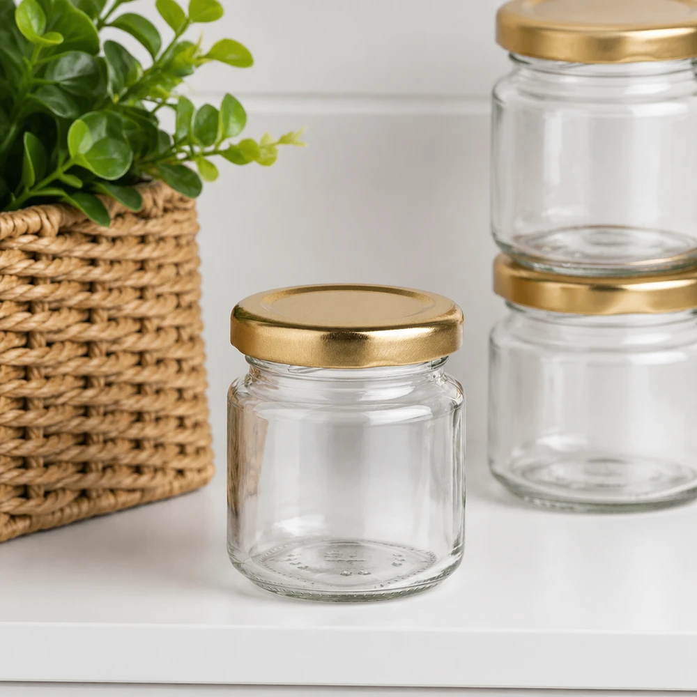 53ml Rundglas UNiTWIST leer mit goldenem BasicSeal Deckel in modernem Wohnambiente mit Pflanze
