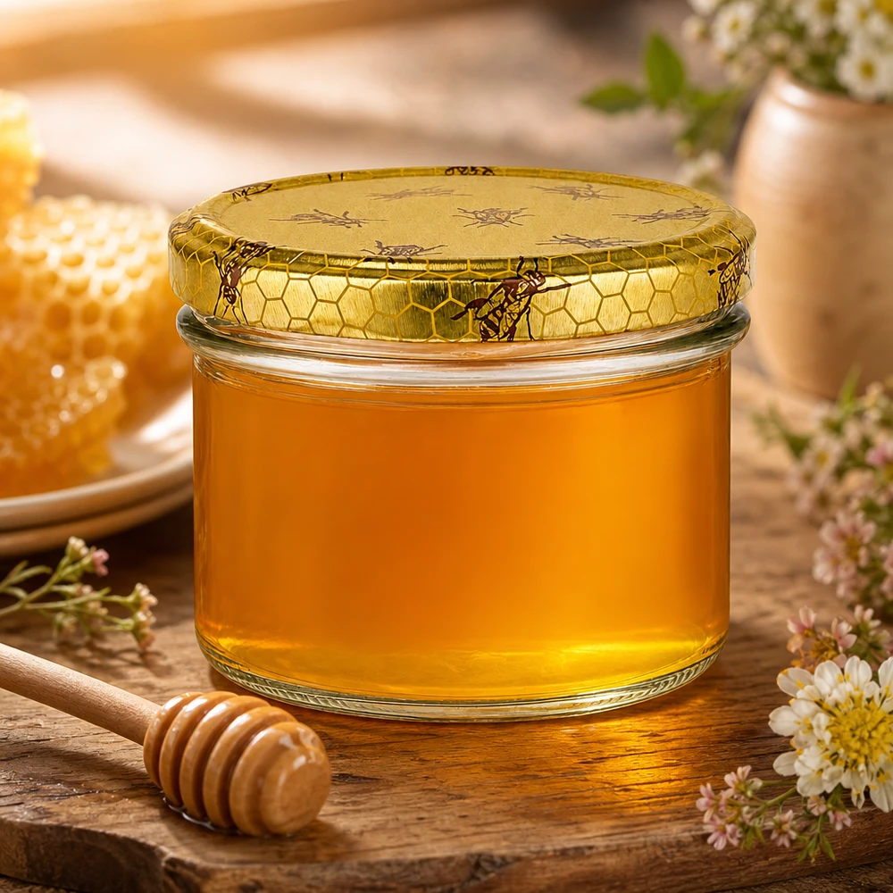 225ml Sturzglas + BasicSeal Deckel Bienenwabe UNiTWIST 225ml Einmachglas gefüllt mit Honig BasicSeal Deckel Bienenwaben-Design Honigglas mit Holzlöffel Marmeladenglas