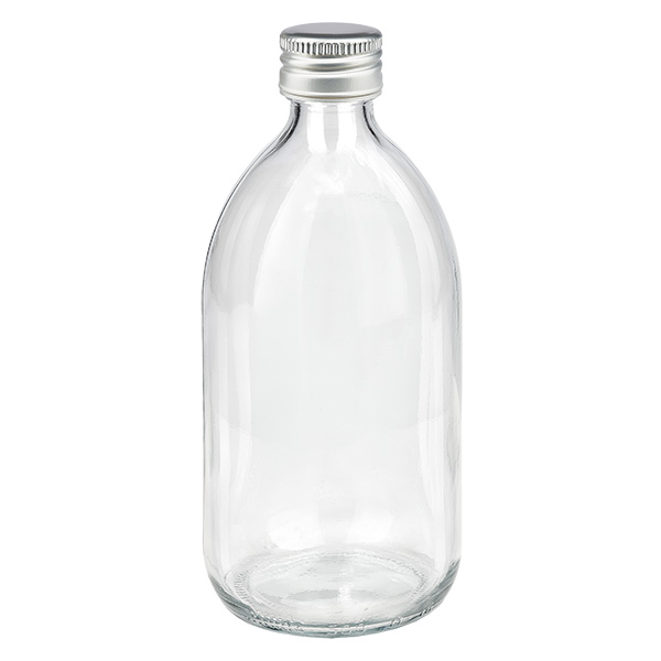 500ml Medizinflasche klar, mit Alu-Verschluss silber ApoGlas 500ml Medizinflasche klar, mit Alu-Verschluss silber ApoGlas