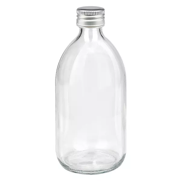 500ml Medizinflasche klar, mit Alu-Verschluss silber ApoGlas 500ml Medizinflasche klar, mit Alu-Verschluss silber ApoGlas