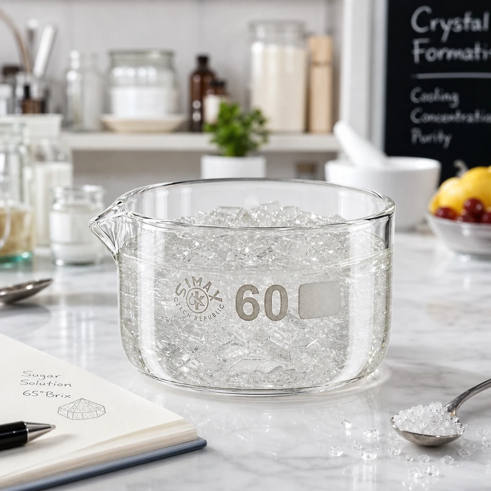 60ml Kristallisierschale mit Ausguss Borosilikat ø60mm Simax Glasschale 60ml Kristallformation Zuckerlösung 65 Brix Laboranwendung transparent flach