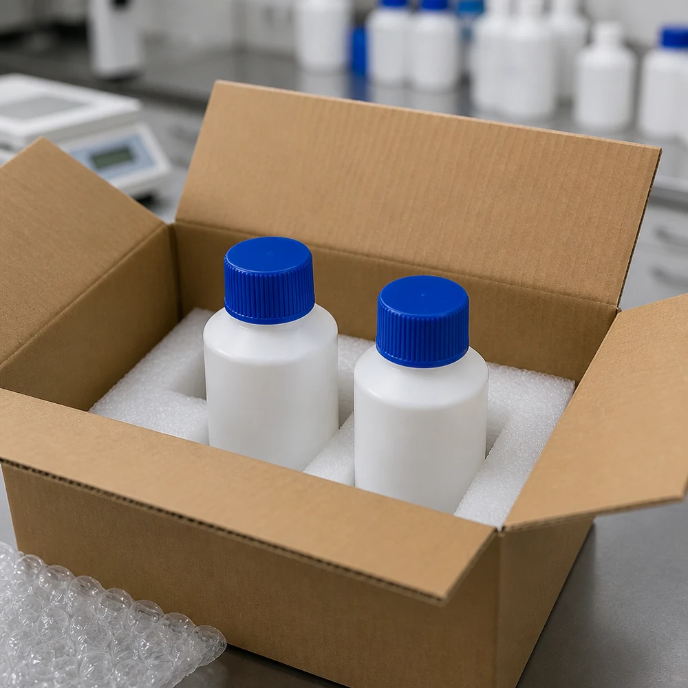 HDPE Apothekenflaschen 50ml im Karton mit Schaumstoffeinsatz und Luftpolsterfolie daneben