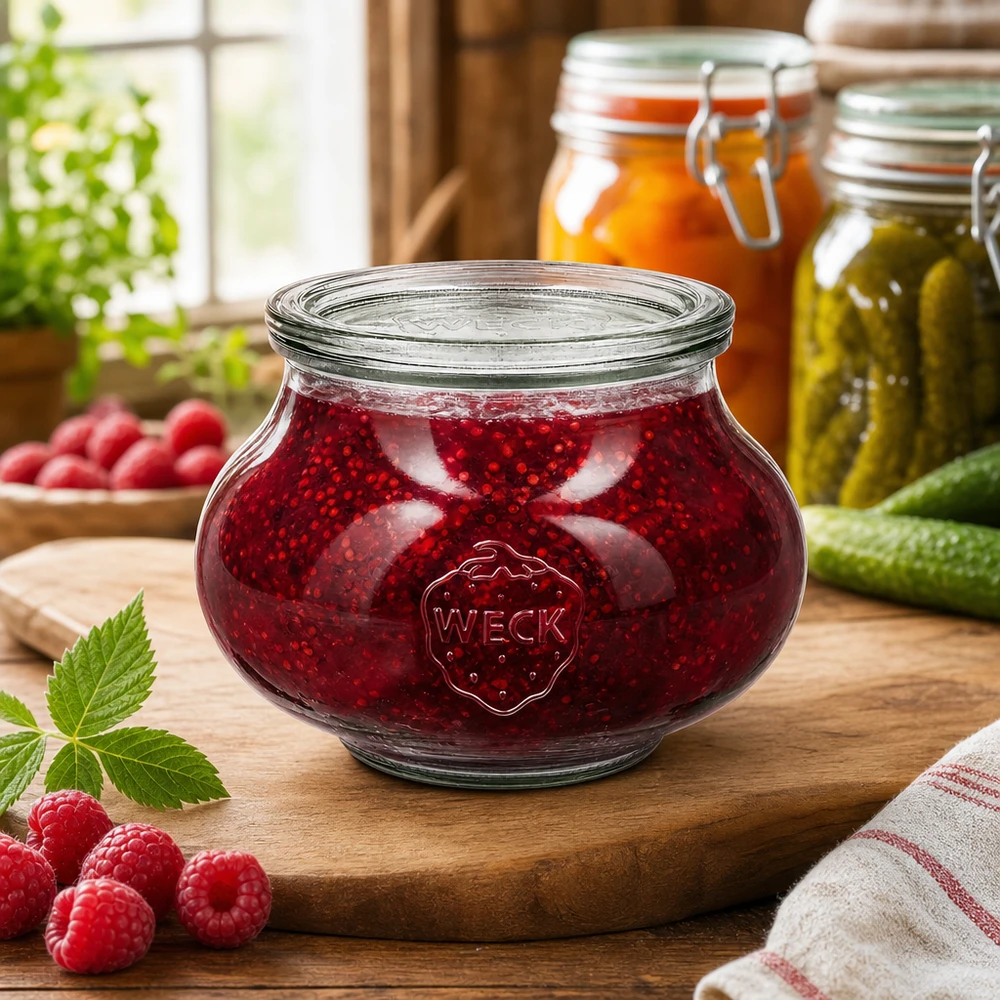 WECK Einmachglas 1062ml gefüllt mit Himbeermarmelade in rustikaler Küche mit frischen Beeren und Gemüse