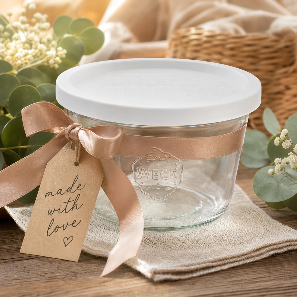 WECK Sturzglas 370ml RR100 dekorativ präsentiert mit Schleife und Geschenkanhänger Made with Love auf Holztisch