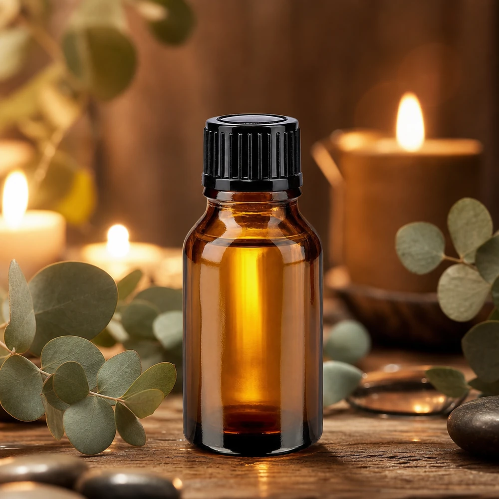 Apothekerflasche braun 15ml Tropfer vor Kerzen und Eukalyptus arrangiert