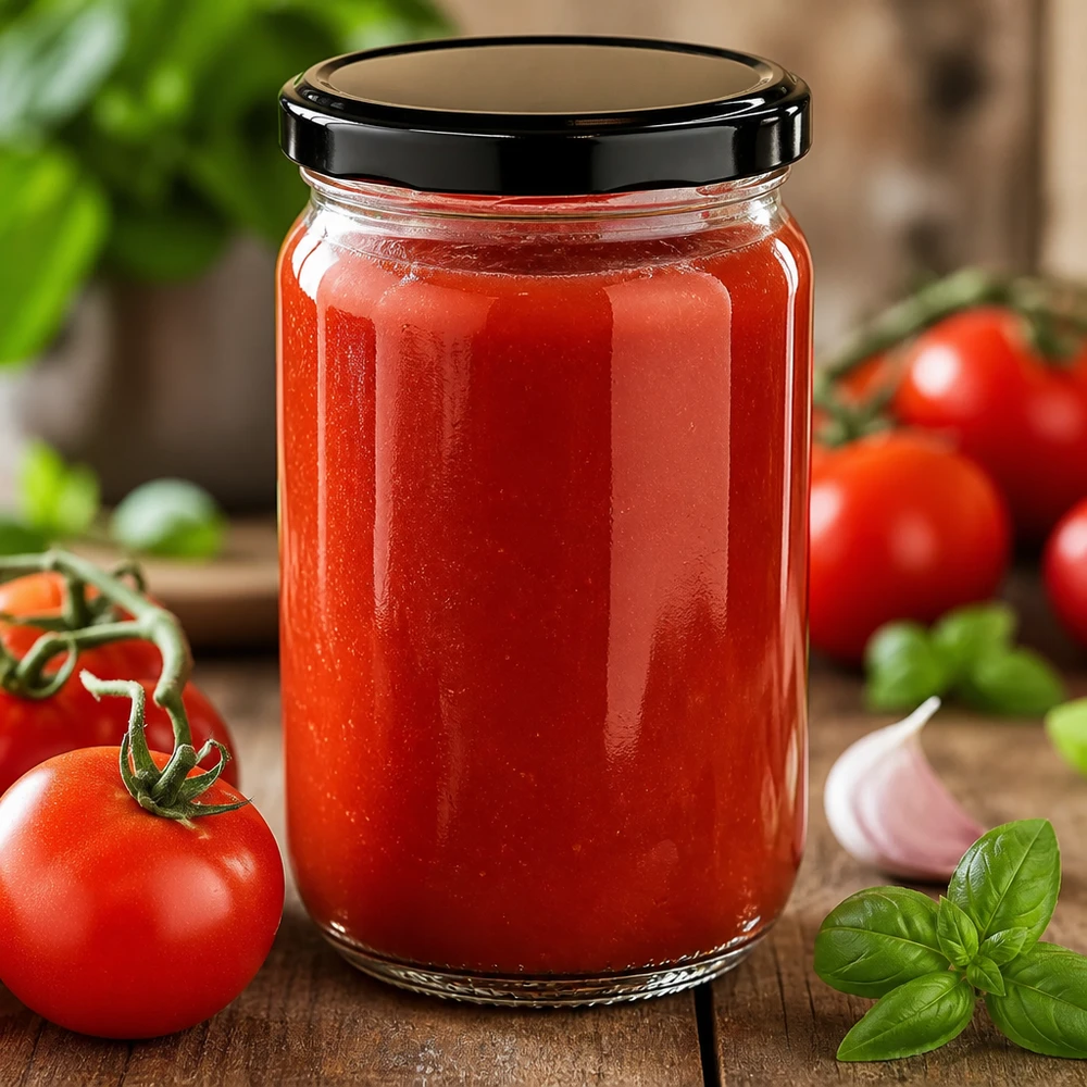Rundglas 555ml UniTwist schwarzer Deckel umgeben von frischen Tomaten Knoblauch und Basilikum