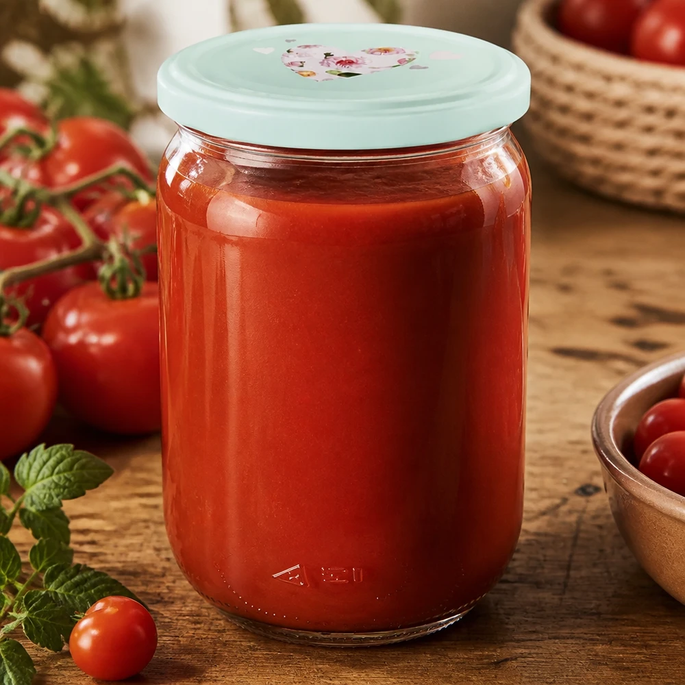 Tomatensoße einkochen im 555ml Rundglas UniTwist mit mintgrünem BasicSeal Schraubdeckel