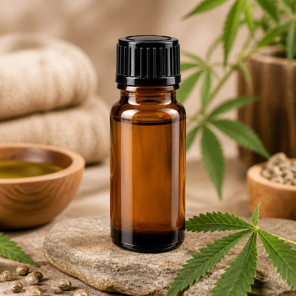 Kleine Apothekerflasche 10ml Braunglas STD schwarz auf Naturstein mit grünen Hanfblättern