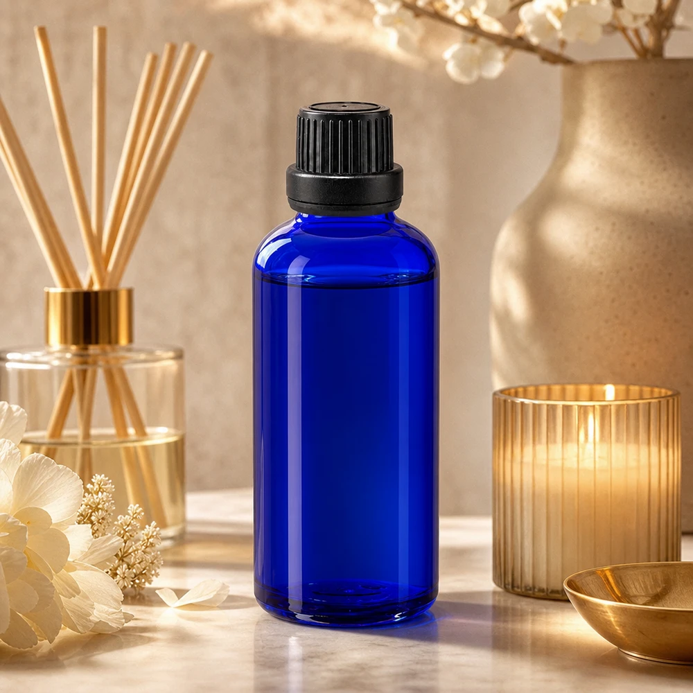 Apothekenflasche blau 50ml Tropfverschluss Giessring 2mm schwarz Originalitätsverschluss Kobaltblaues Apothekenglas 50ml mit schwarzem OV-Deckel neben goldenem Kerzenhalter und Diffuser
