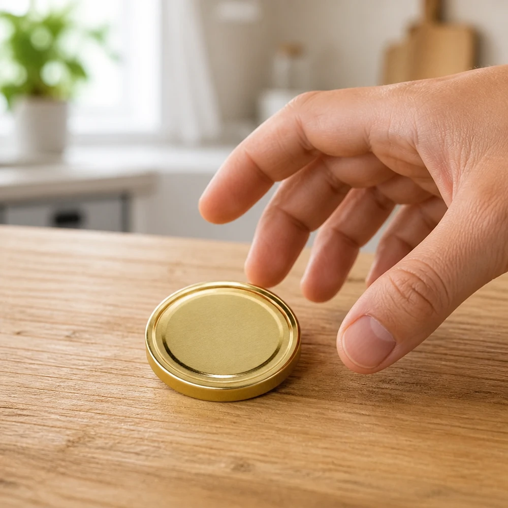 UNiTWIST TO82 gold Verschlussdeckel mit BioSeal Dichtung wird vom Tisch aufgenommen unitemp