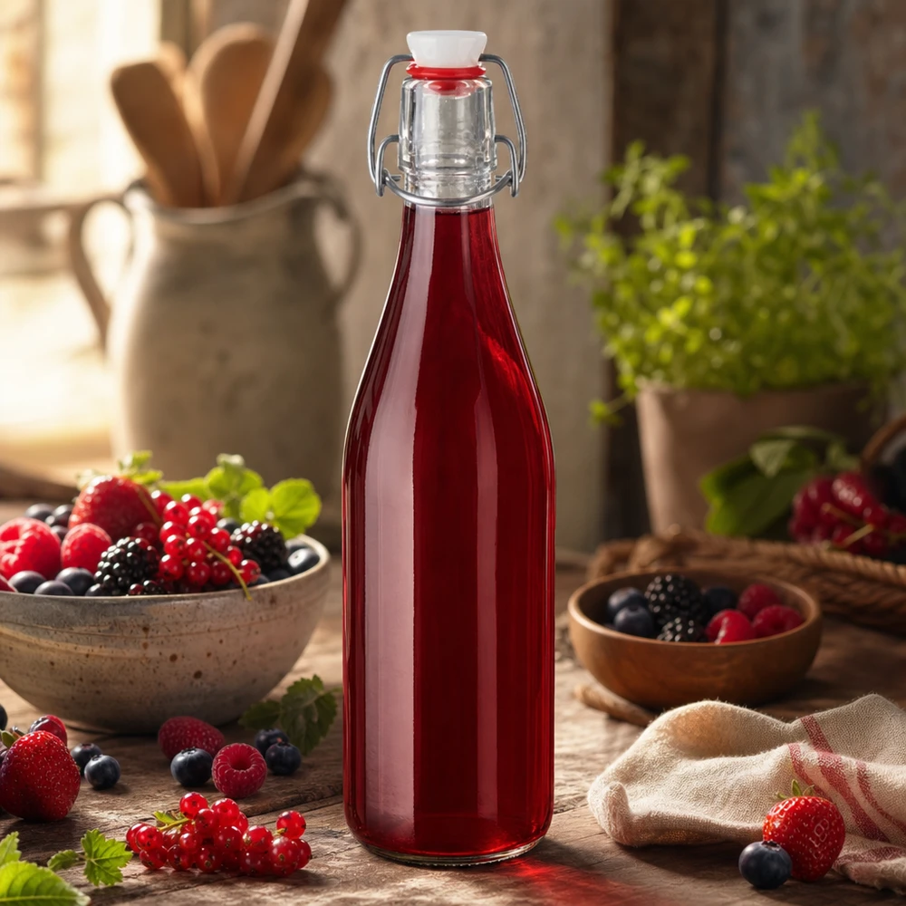 500ml Glasflasche und Bügelverschluss PVC UNiTWIST 500ml Glasflasche mit Bügelverschluss befüllt mit Beerensaft roter Fruchtsaft Homemade Getränke selbstgemacht