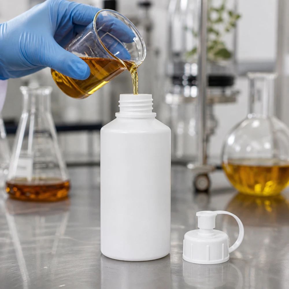 Befüllung einer weißen 50ml Flasche mit goldfarbenem Flüssigextrakt durch behandschuhte Hand