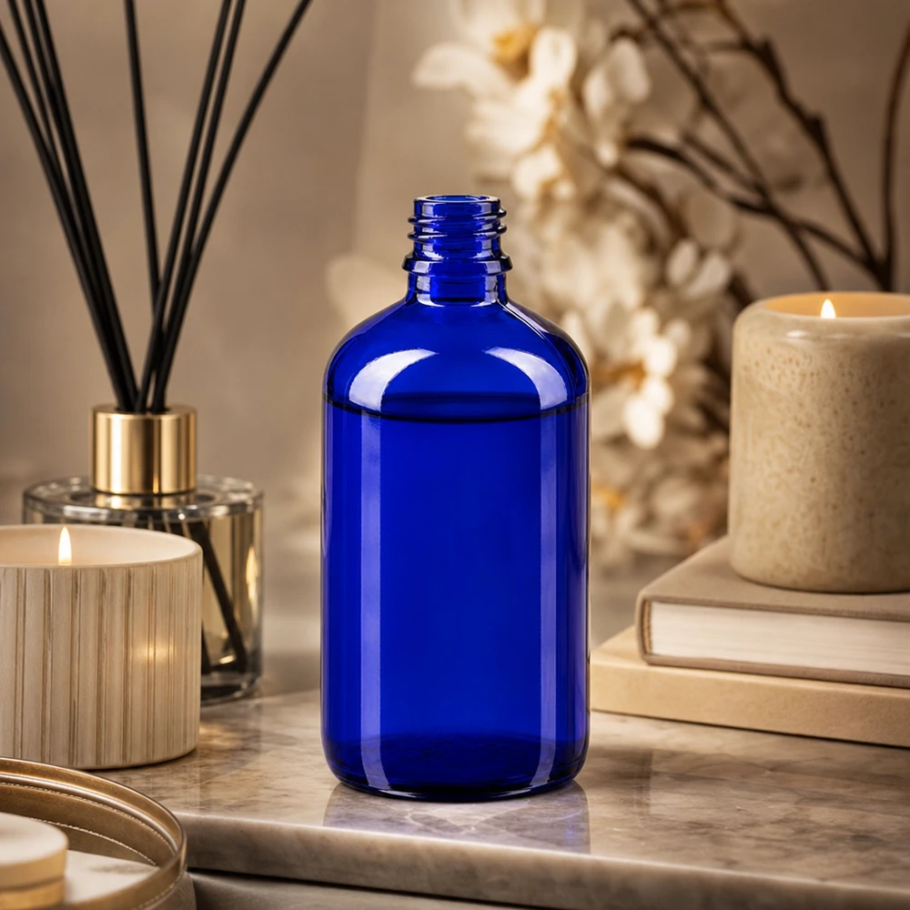 Tropfflasche 100ml DIN 18 BLAUGLAS Dekorative 100ml Apothekerflasche in tiefblauem Glas für edle Kosmetikverpackung