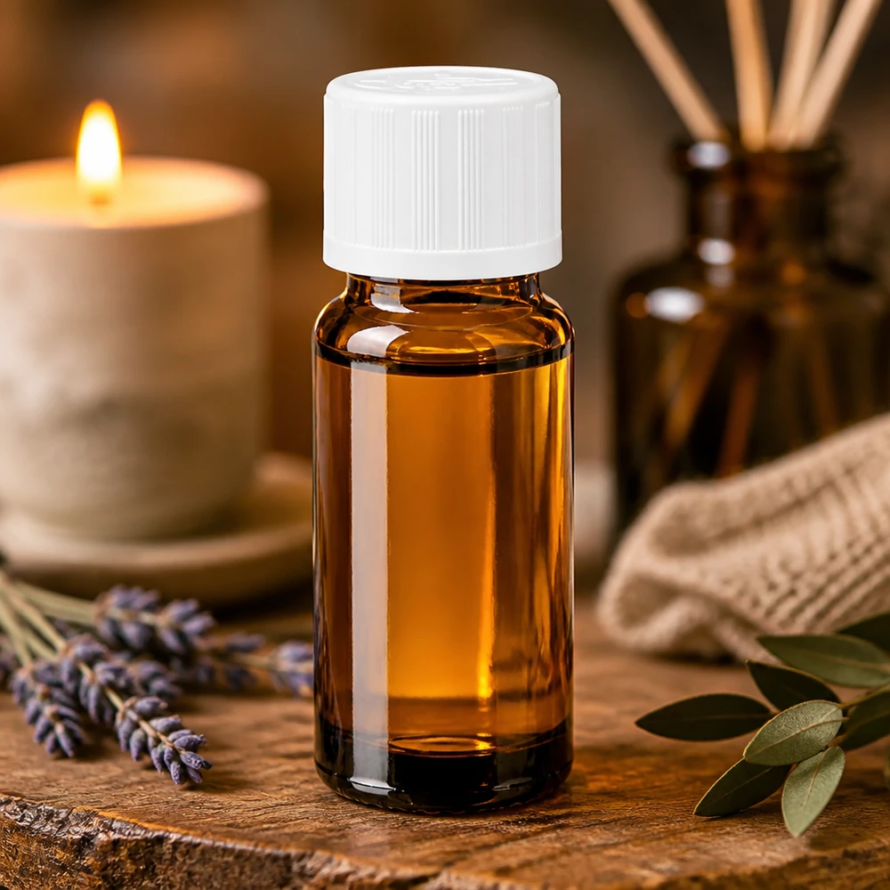 Braune UV-Schutz Glasflasche 10ml mit weißem Verschluss neben Lavendel und Kerze