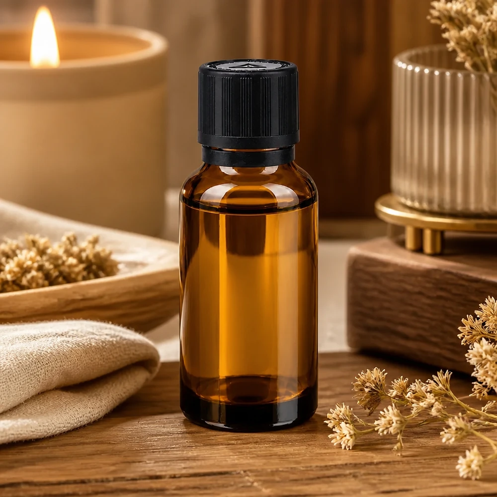 Bernsteinfarbene 20ml Glasflasche mit OV KiSi Blister schwarz neben Kerze und Trockenblumen
