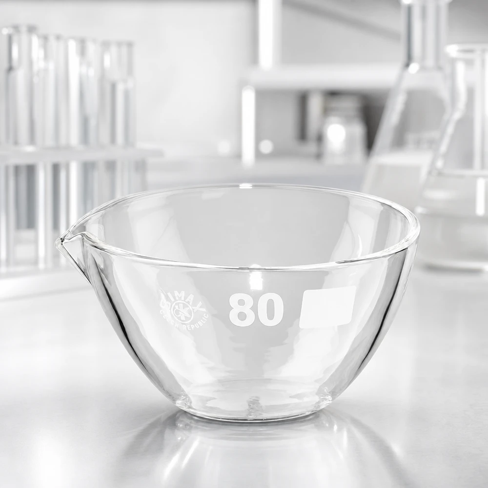 Ergonomische Abdampfschale mit Ausguss 90ml Borosilikat-Glas für komfortable Handhabung im Labor