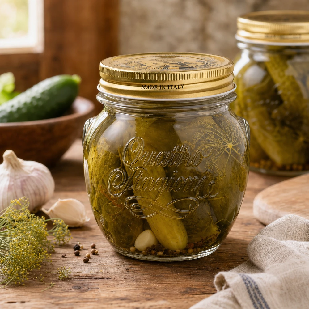 300ml Quattro Stagioni Rundglas mit goldenem Deckel gefüllt mit eingelegten Gurken auf rustikalem Holztisch Made in Ital