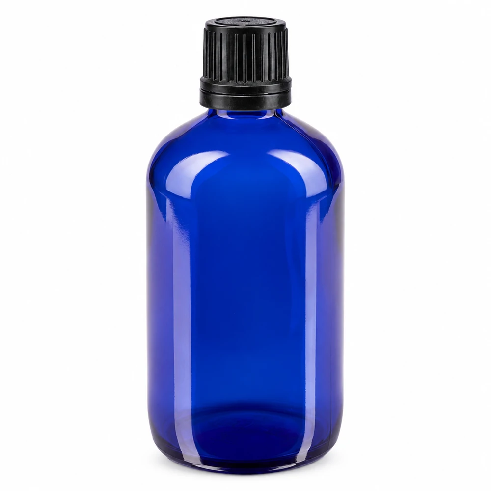 Apothekenflasche blau 100ml Schraubverschluss schwarz Giessring Originalitätsverschluss Kobaltblaue Medizinflasche 100ml Rundschulter-Design mit kindersicherem Schraubverschluss