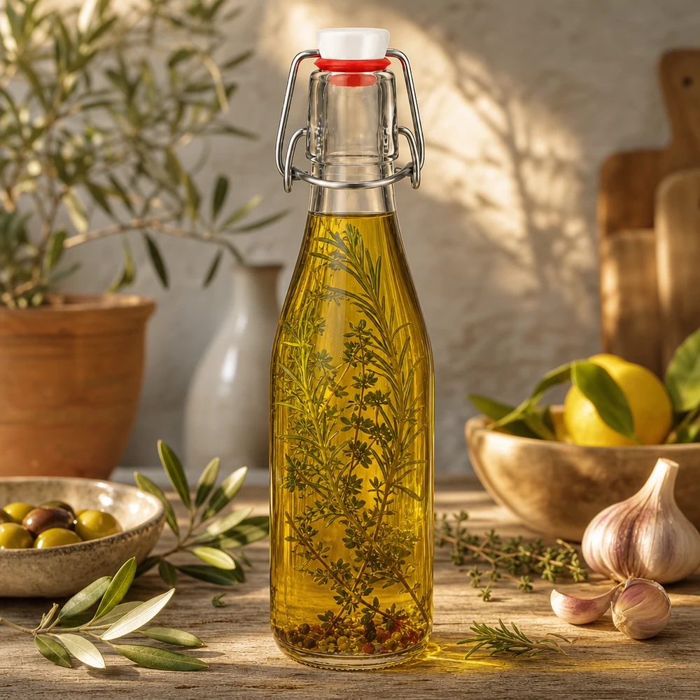 250ml Glasflasche und Bügelverschluss PVC UNiTWIST 250ml Glasflasche mit Bügelverschluss gefüllt mit Kräuteröl, mediterranes Ambiente mit Oliven und Knoblauch