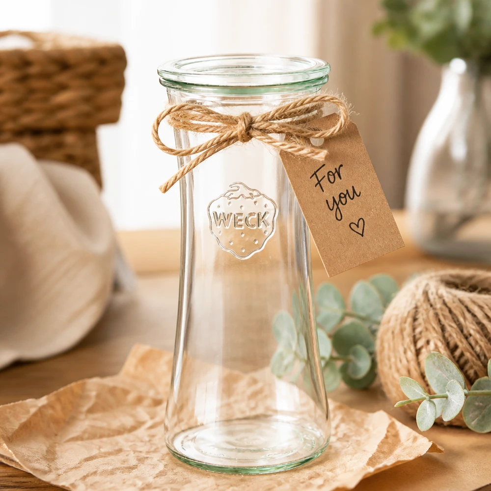 WECK Delikatessenglas 700ml RR80 mit rustikaler Dekoration und Geschenkanhänger - Einmachglas als Geschenkidee
