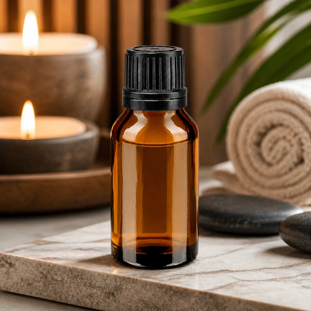 Aromatherapie-Flasche 15ml braun mit Gießring neben Spa-Steinen und Kerzen
