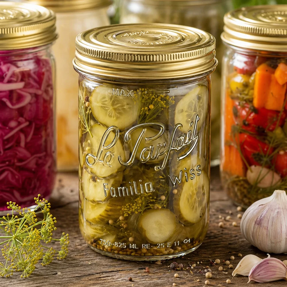 1020ml Sturzglas "Familia Wiss" 2-teiliges Deckelsystem Le P 1020ml Sturzglas Familia Wiss mit Einmachgurken und Dill, goldener Deckel, perfekt zum Einkochen und Konservieren