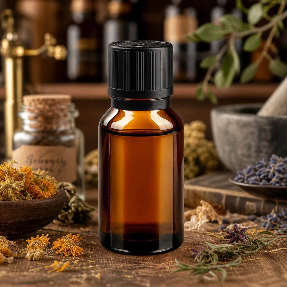 Braunglas Flasche 15ml mit Präzisionstropfer 1mm vor Mörser und Pistill in Apotheker Ambiente