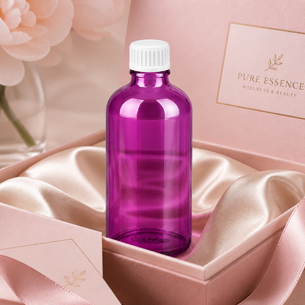 100ml (Globuli)Flasche 3mm Giessring weiß Standard PurpleLine. UT18/100 Violette 100ml Glasflasche mit Standardgewinde für professionelle Kosmetikverpackung