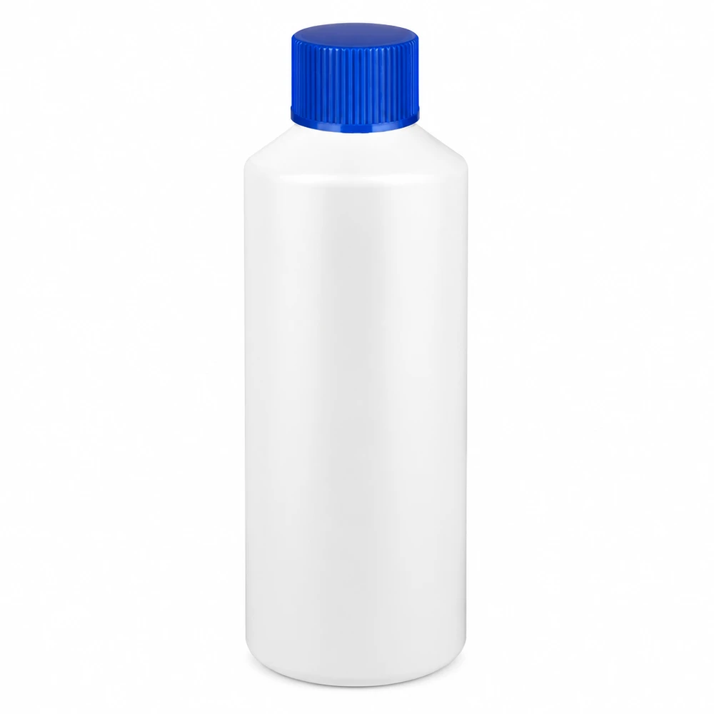 Kleine weiße Apothekenflasche aus HDPE 100ml mit blauem Schraubdeckel für Flüssigkeiten