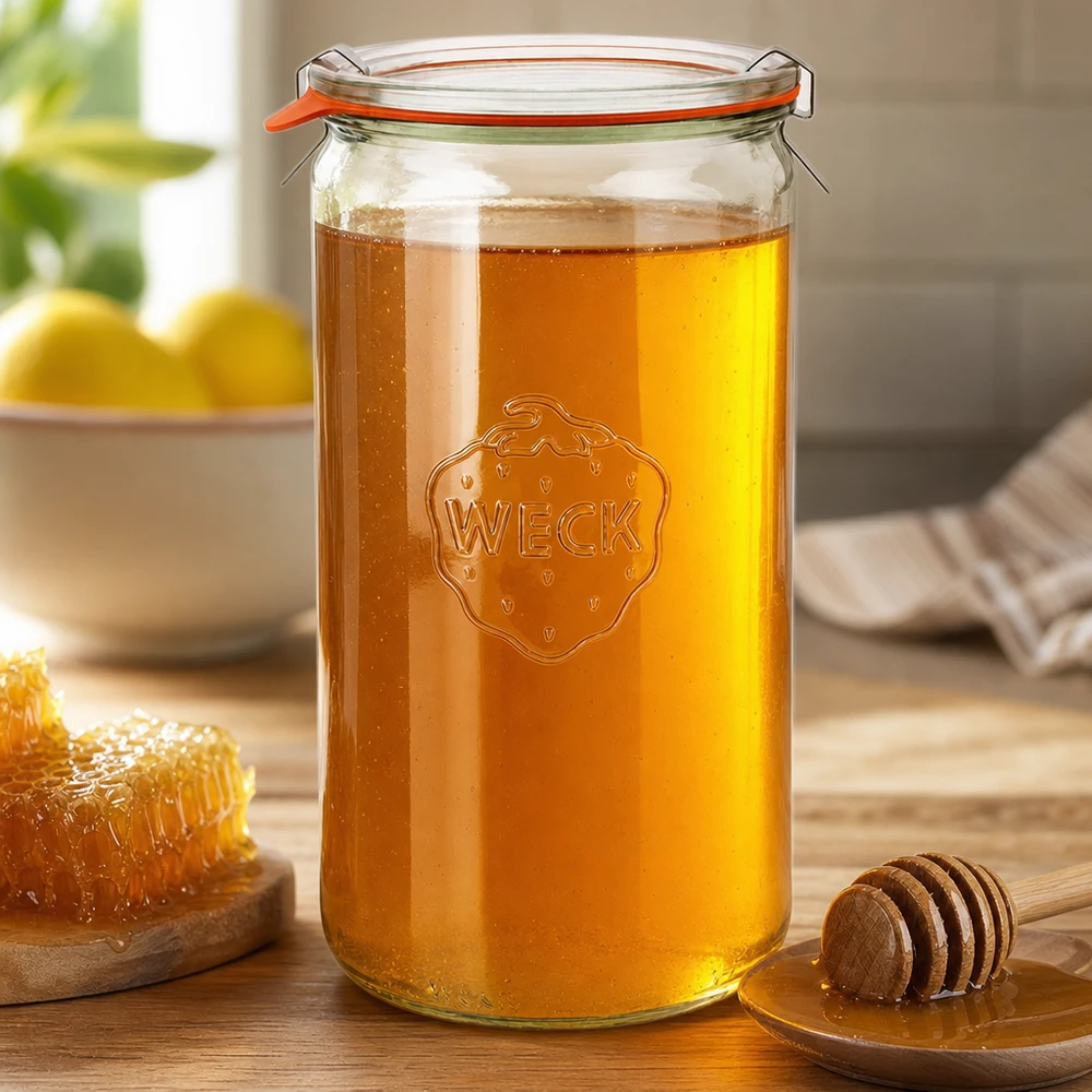 WECK Zylinderglas 1590ml RR100 mit Honig befüllt Bügelverschluss orange Gummiring Holzhoniglöffel Waben