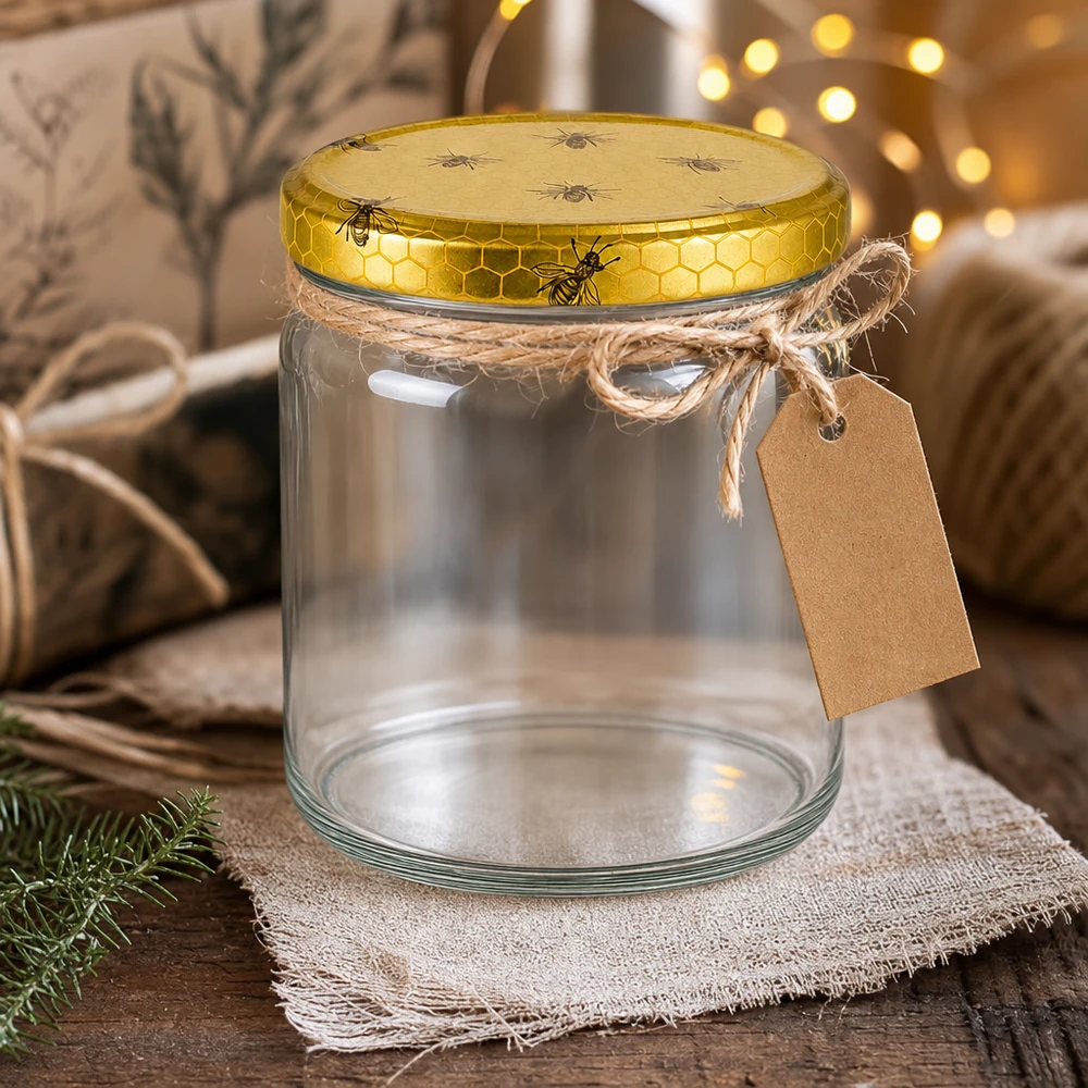 408ml Rundglas + BasicSeal Deckel Bienenwabe UNiTWIST 408ml Rundglas mit BasicSeal Bienenwabe Deckel leer mit Geschenkanhänger auf rustikalem Holztisch dekoriert