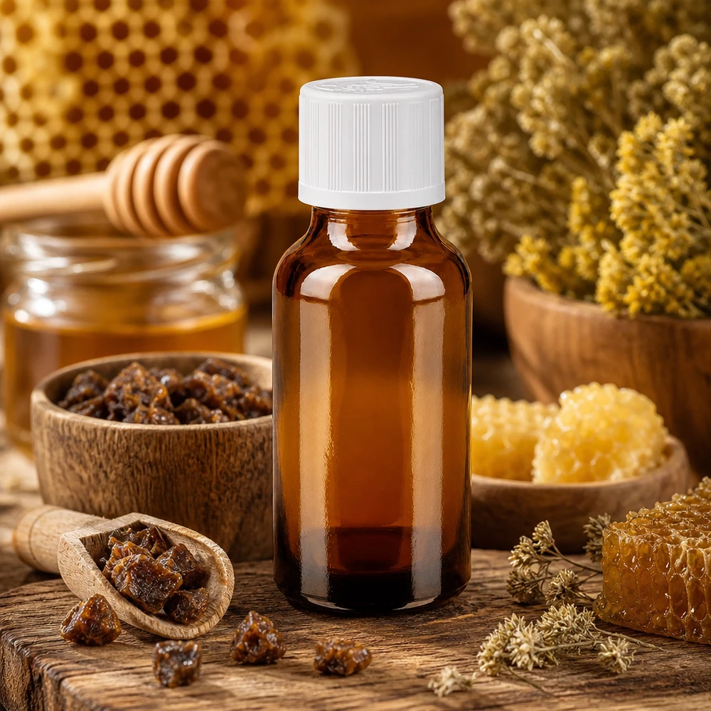 Braune 20ml Medizinflasche mit weißem Schraubverschluss vor natürlichem Bienen und Kräuter Hintergrund