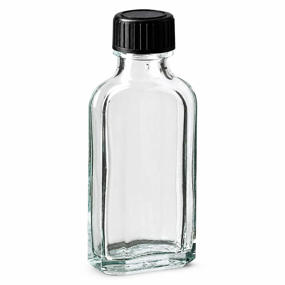Kleine rechteckige Klarglasflasche 50 ml mit schwarzem Kunststoffdeckel und Dichtscheibe