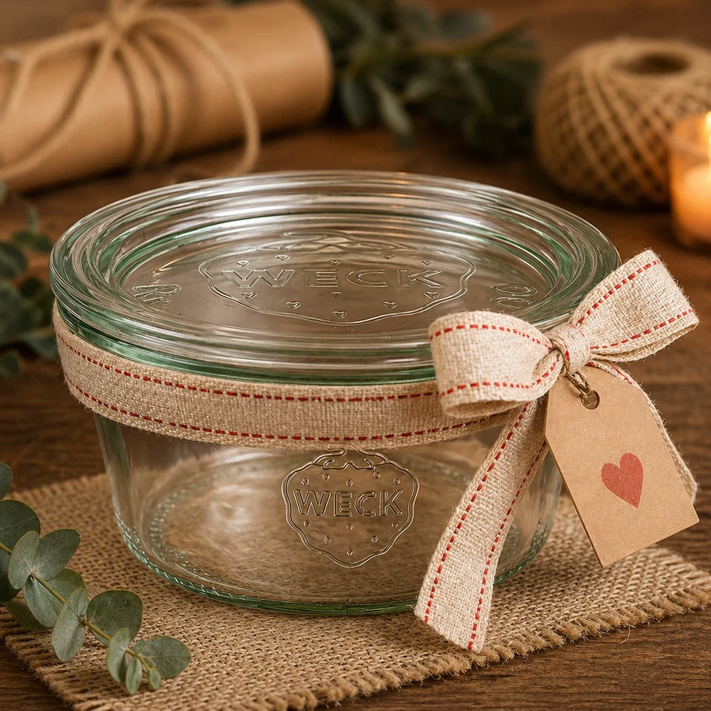 WECK Sturzglas 290ml RR100 als Geschenkidee mit Schleifenband und Herzanhänger in rustikalem Ambiente