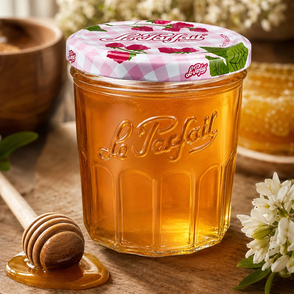 324ml Le Parfait Sturzglas mit Honig gefüllt neben Honiglöffel und weißen Blüten auf Holztisch