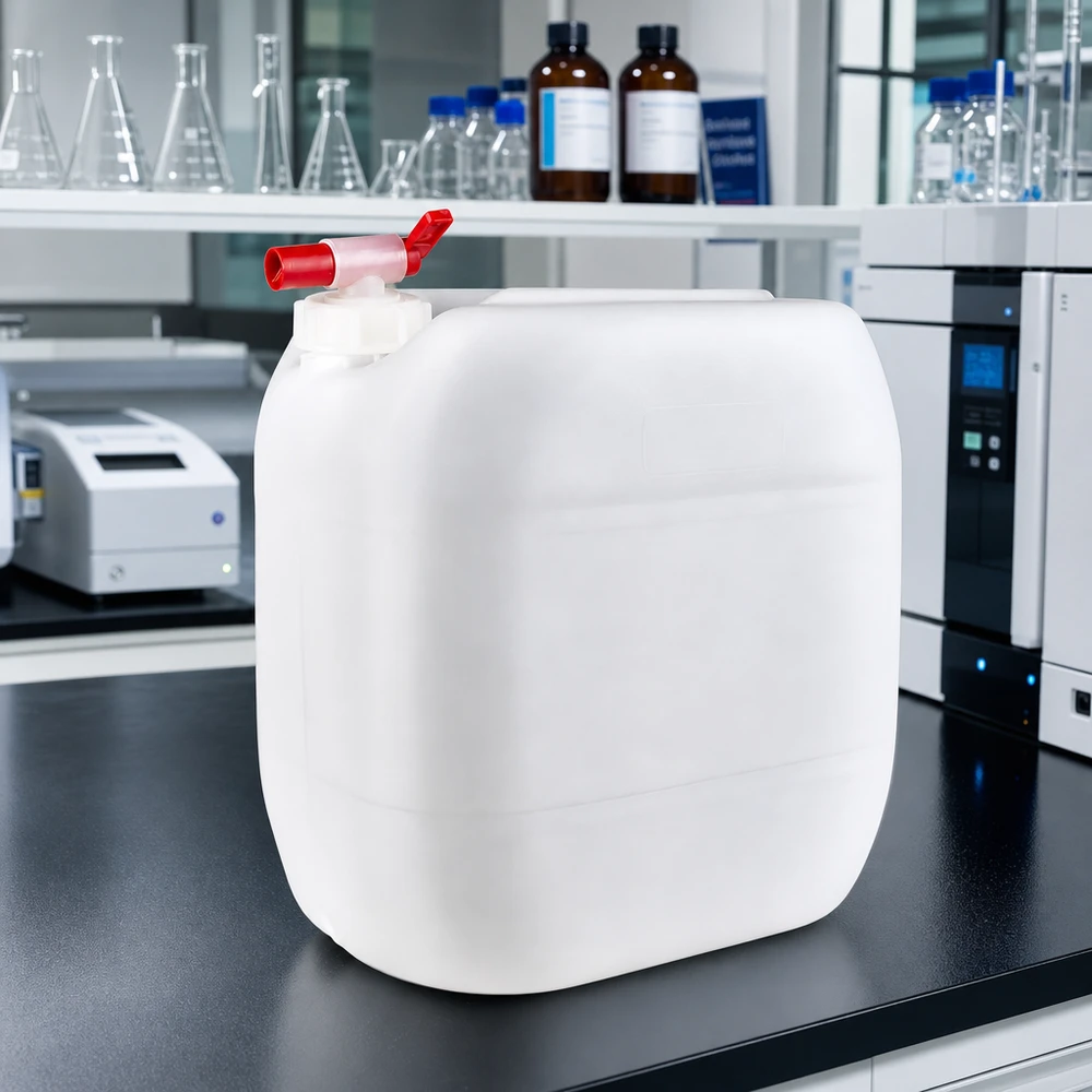 Großer weißer Flüssigkeitskanister 30 Liter mit praktischem Zapfhahn für Laborchemikalien