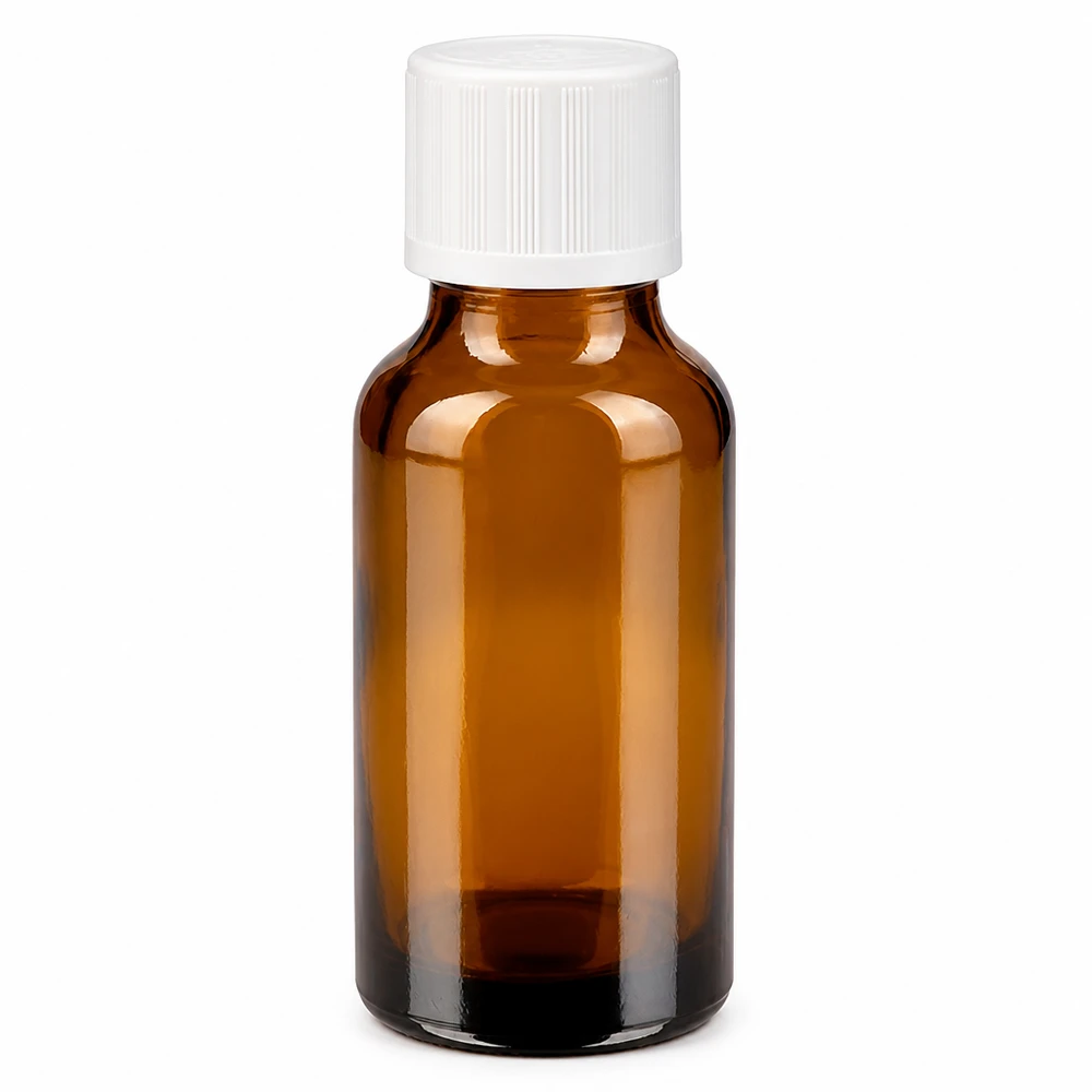 Apothekenflasche braun 20ml Tropfverschluss weiß Kindersicherung Standard Kleine Apotheken-Tropfflasche aus Braunglas 20ml mit weißem KiSi-Schraubverschluss STD