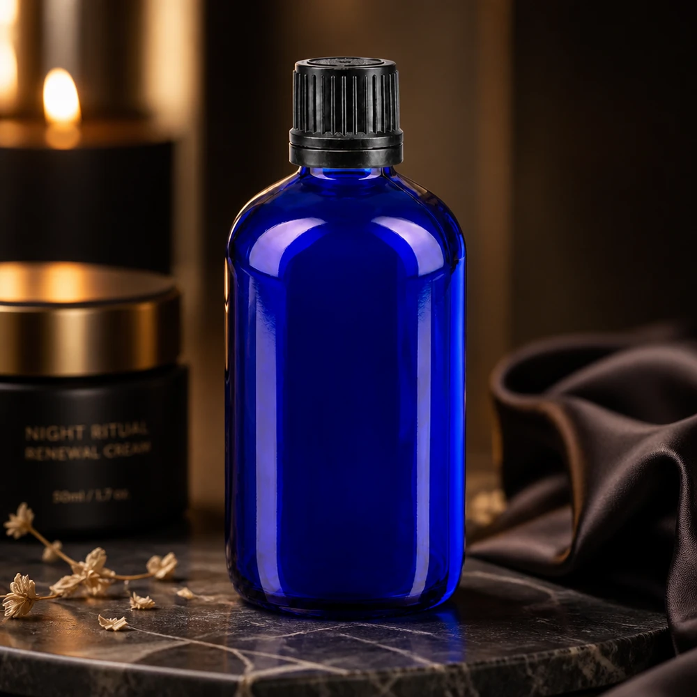 Apothekenflasche blau 100ml Schraubverschluss schwarz Giessring Originalitätsverschluss Kobaltblaue Rundflasche 100ml Glas mit schwarzem OV-Schraubverschluss 8mm Öffnung