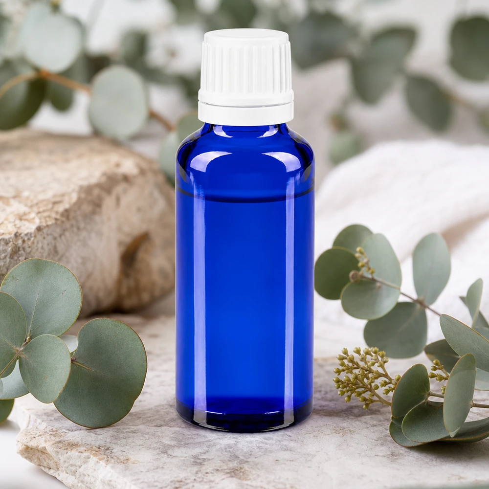 Kleine blaue Apothekerflasche 30ml mit 0,7mm Dosiereinsatz für präzise Tropfenabgabe