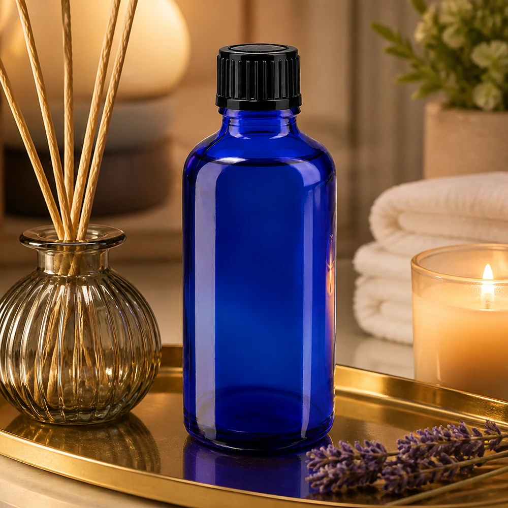 Dunkelblaue 50ml Glasflasche mit 11mm Verschluss neben Raumduft-Stäbchen und Kerze