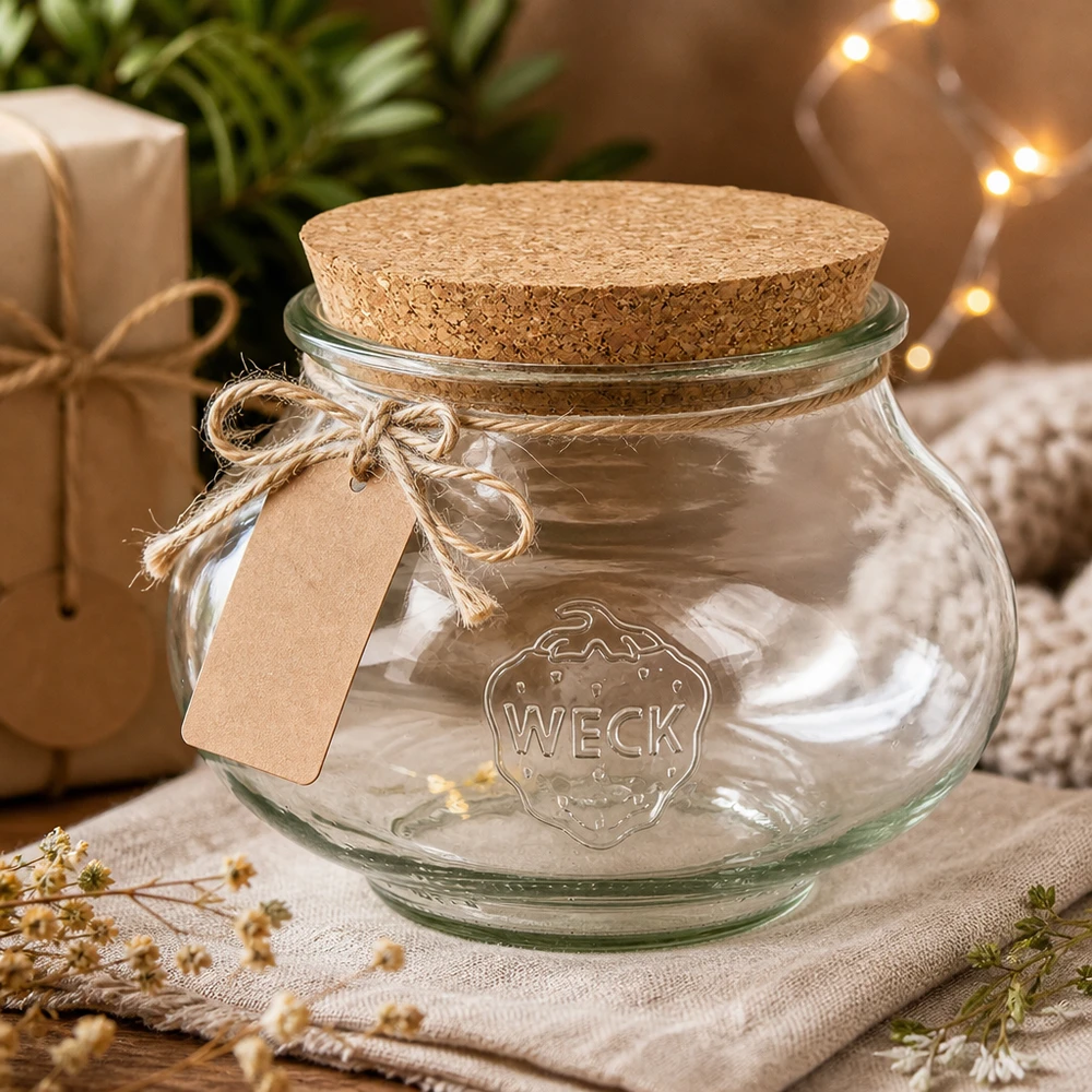 WECK Schmuckglas RR100 1062ml mit Korkdeckel dekorativ arrangiert rustikale Geschenkverpackung Ambiente