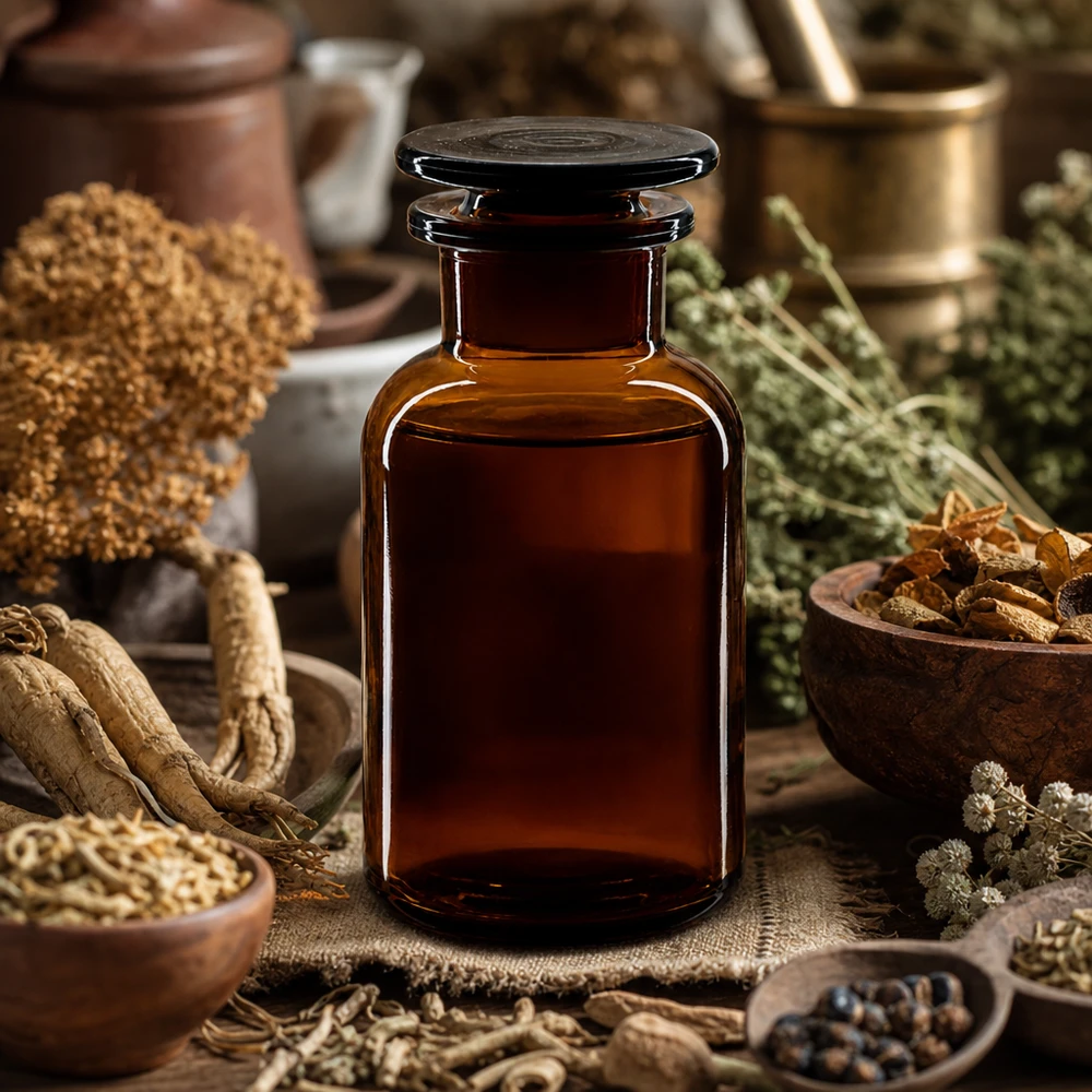 Historische Apothekerflasche 250ml braun Weithals Glasstopfen neben Mörser und Naturheilmitteln