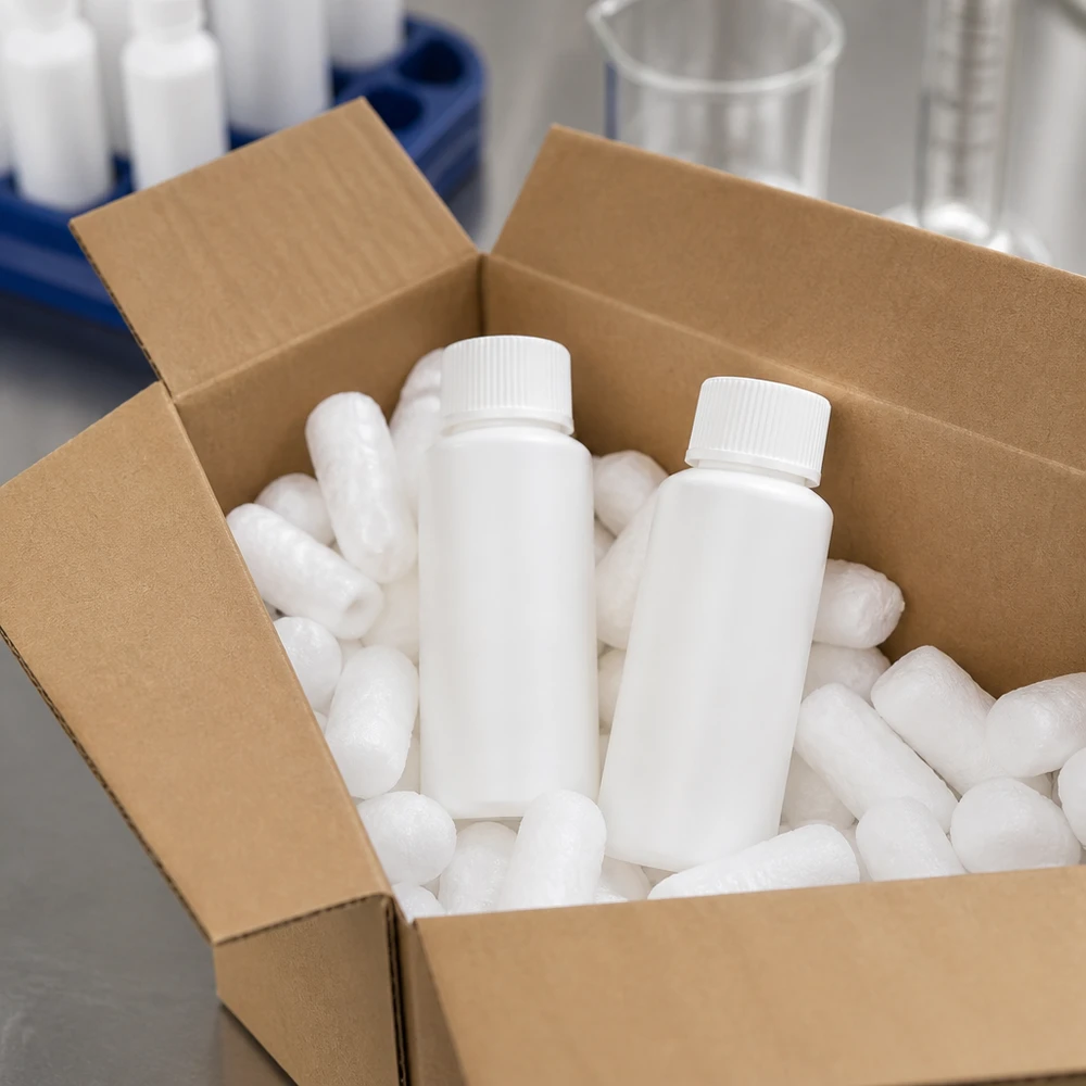 HDPE Flaschen 30ml weiß mit kindersicherem Verschluss professionell für den Versand verpackt