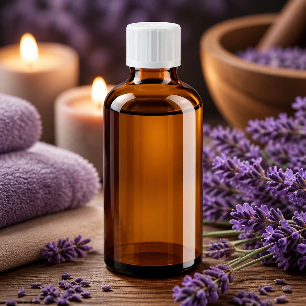 Apothekenflasche braun 50ml Tropfverschluss weiß Kindersicherung Standard Apothekerflasche 50ml aus Braunglas mit KiSi-Verschluss weiß umgeben von lila Lavendelblumen