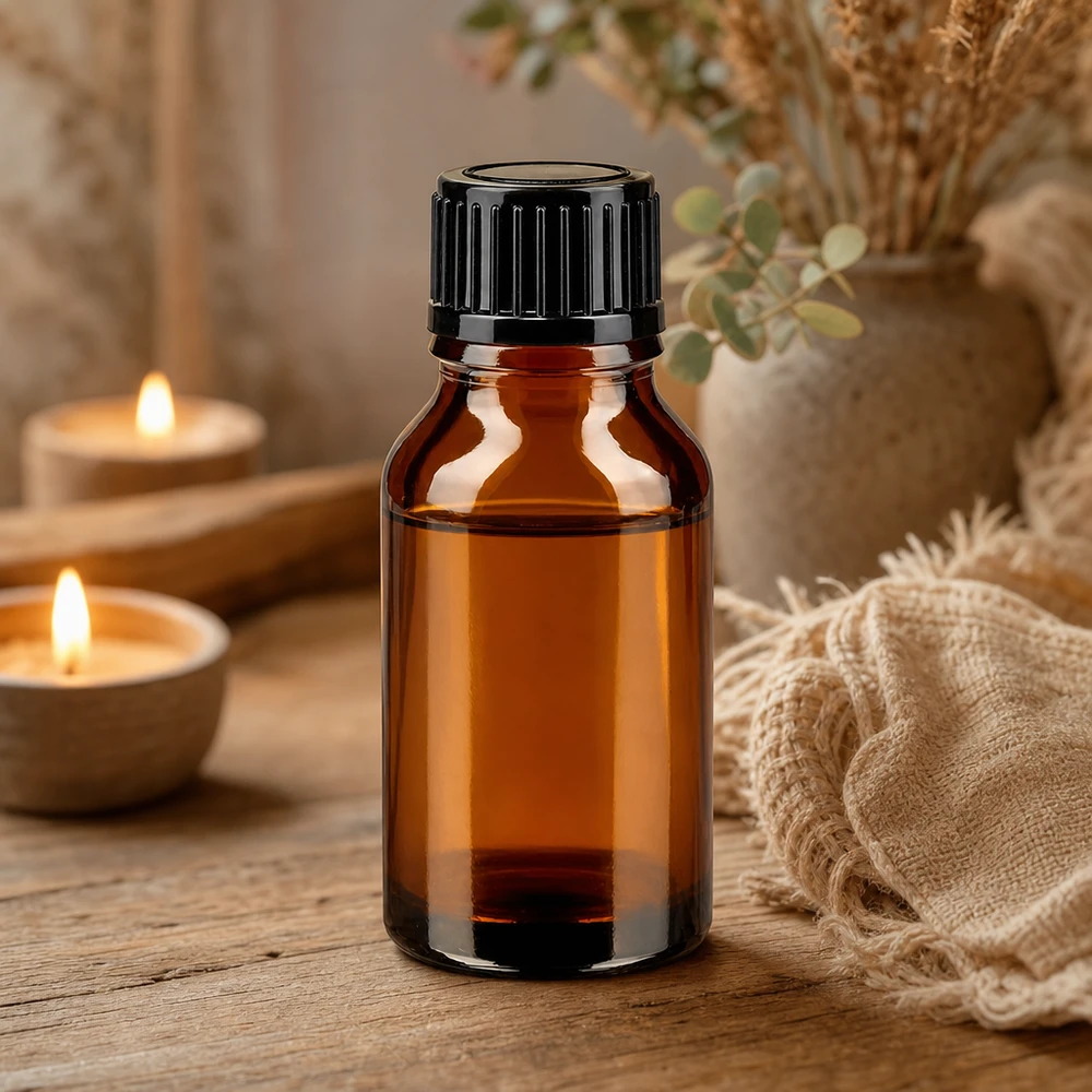 Ätherisches Öl Flasche braun 15ml Schraubverschluss schwarz neben Naturmaterialien und Kerzen