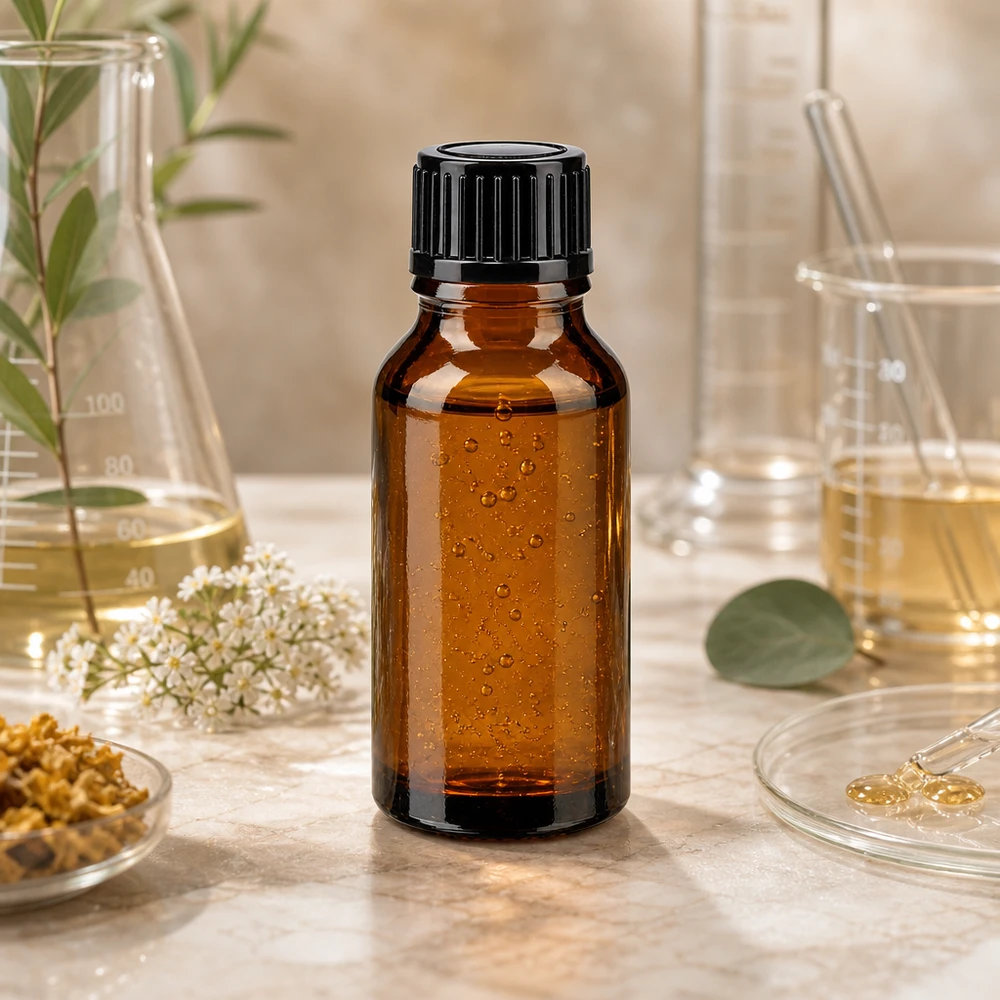 Apothekenflasche braun 15ml Schraubverschluss schwarz Standard Kleine Apothekenflasche Braunglas 15ml schwarzer Deckel neben weißen Blüten und Eukalyptus