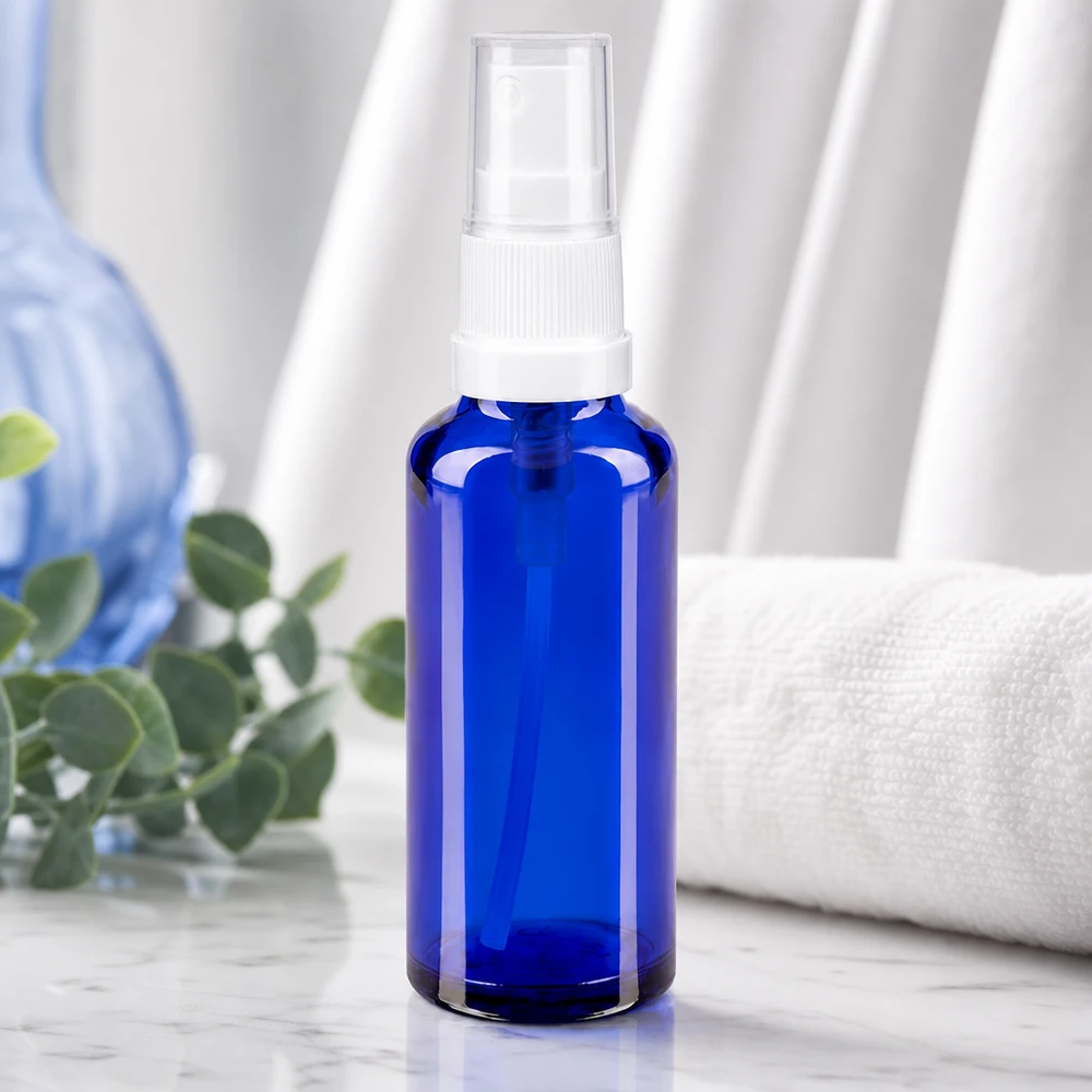 Apothekenflasche blau 10ml Sprayaufsatz schwarz Blauer Glaszerstäuber 10ml mit weißem Pumpkopf für ätherische Öle und Seren