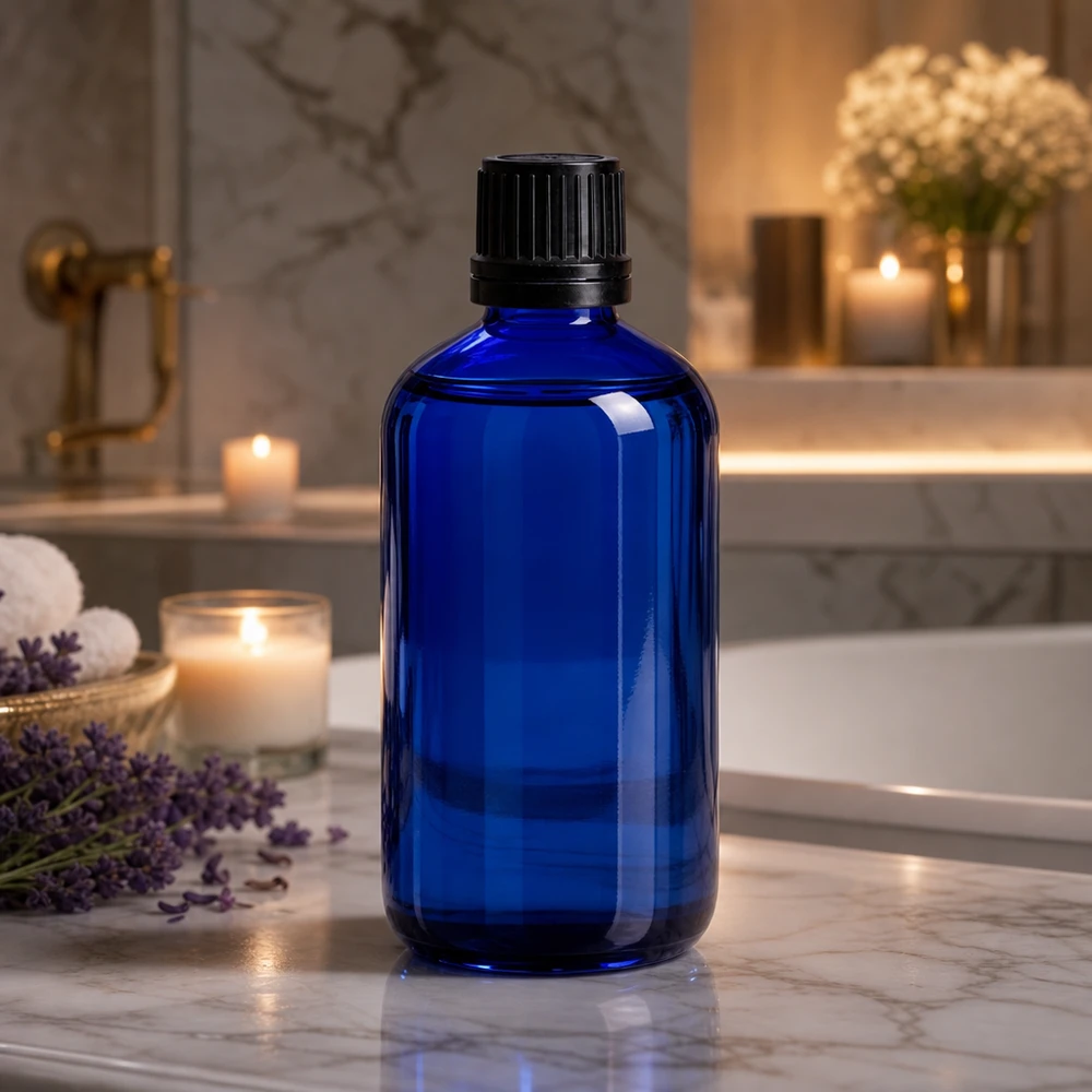 Apothekenflasche blau 100ml Schraubverschluss schwarz Giessring Originalitätsverschluss Blaue Glasflasche 100ml mit OV-Schraubverschluss schwarz auf Marmor mit Lavendelblüten
