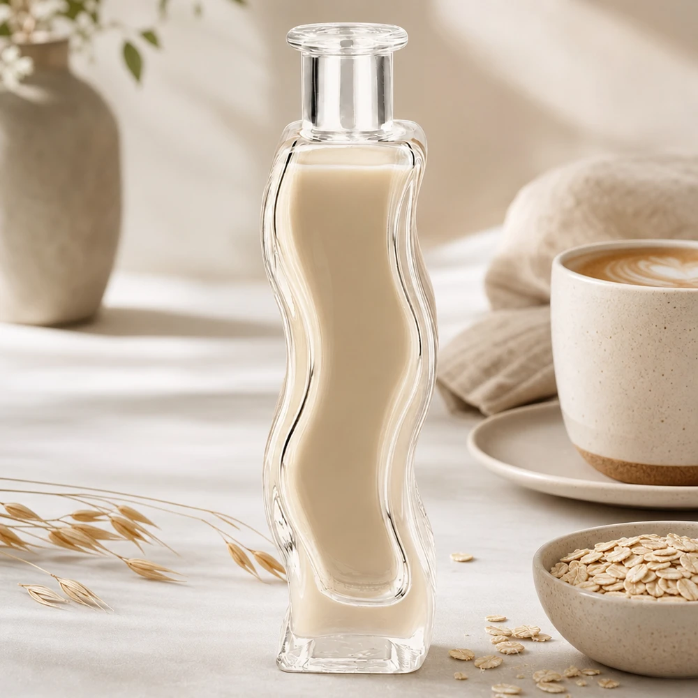 Glasflasche Melissa 100ml mit cremefarbenem Inhalt in stilvoller Wellness-Atmosphäre mit Haferflocken und Kaffeetasse