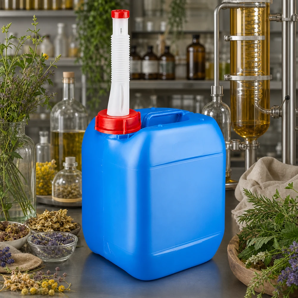 Tragbarer Kunststoffkanister 5 Liter mit rotem Schraubverschluss und biegsamem Ausgießer